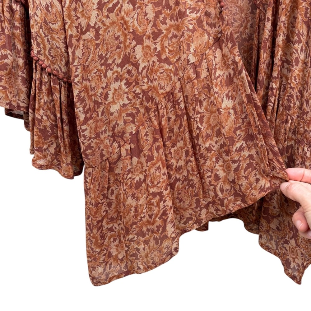 Chan Luu Boho‎ Floral Open Front Kimono Cardigan Ruffle Hem Brown Rust Sz Large - Picture 5 of 12